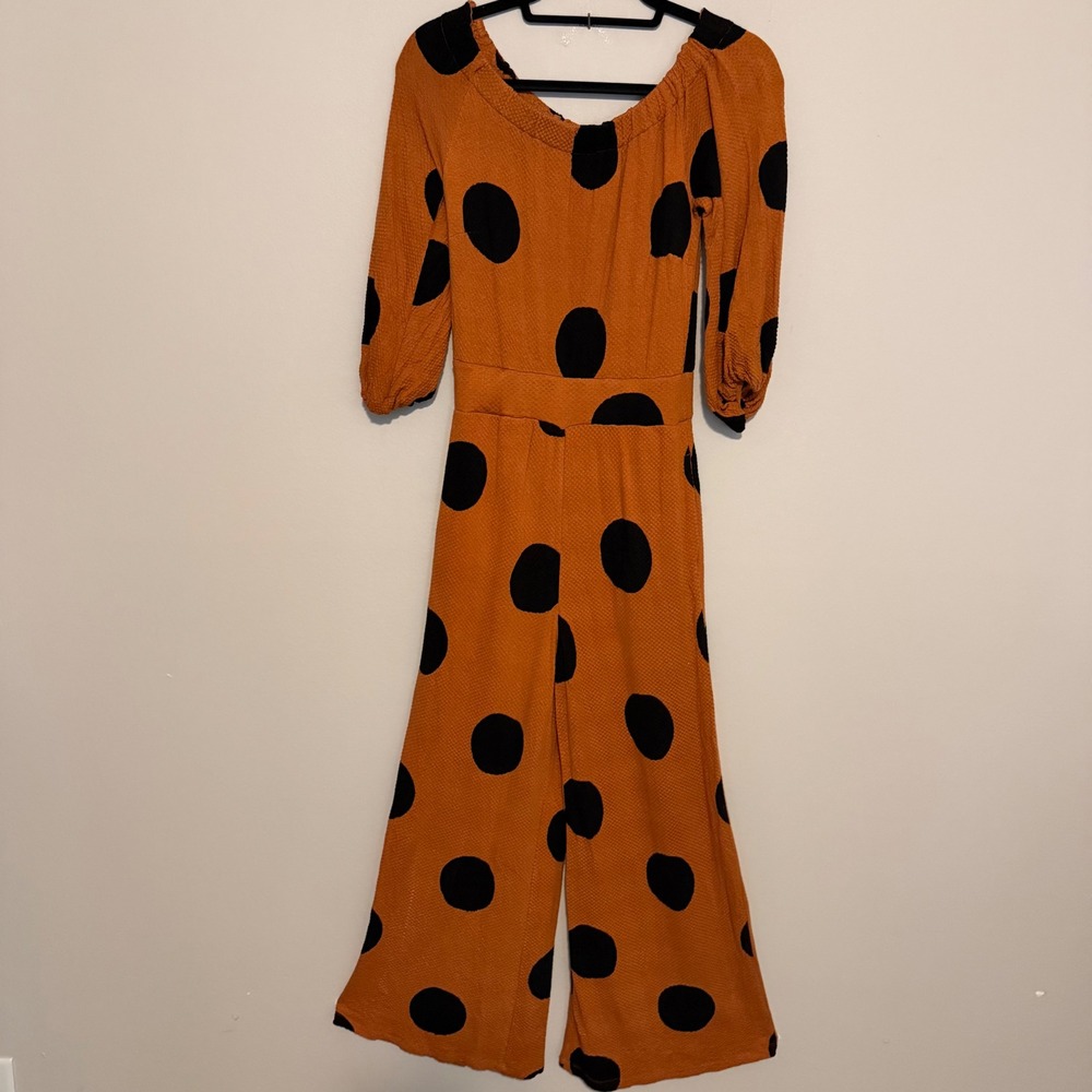 Farm Rio Mirana Jumpsuit XS polka dot off shoulder wide leg resortwear boho - Picture 2 of 5